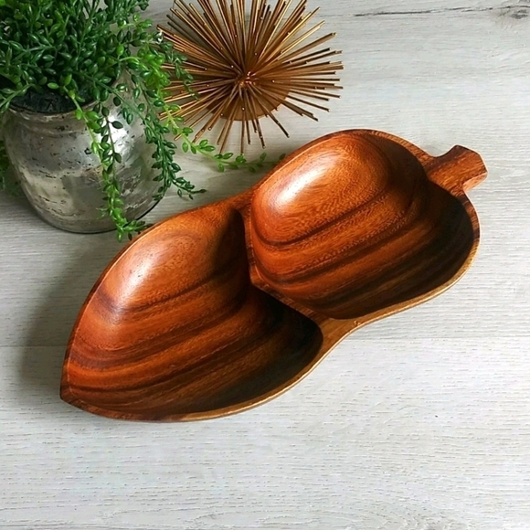 Vintage Leilani Monkey-Pod Wood Tray leaf divided - Picture 1 of 8